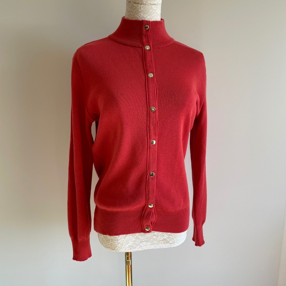Red Merino Wool Blend Cardigan‎ Womens Snap Button Mock Neck Sweater Size 10